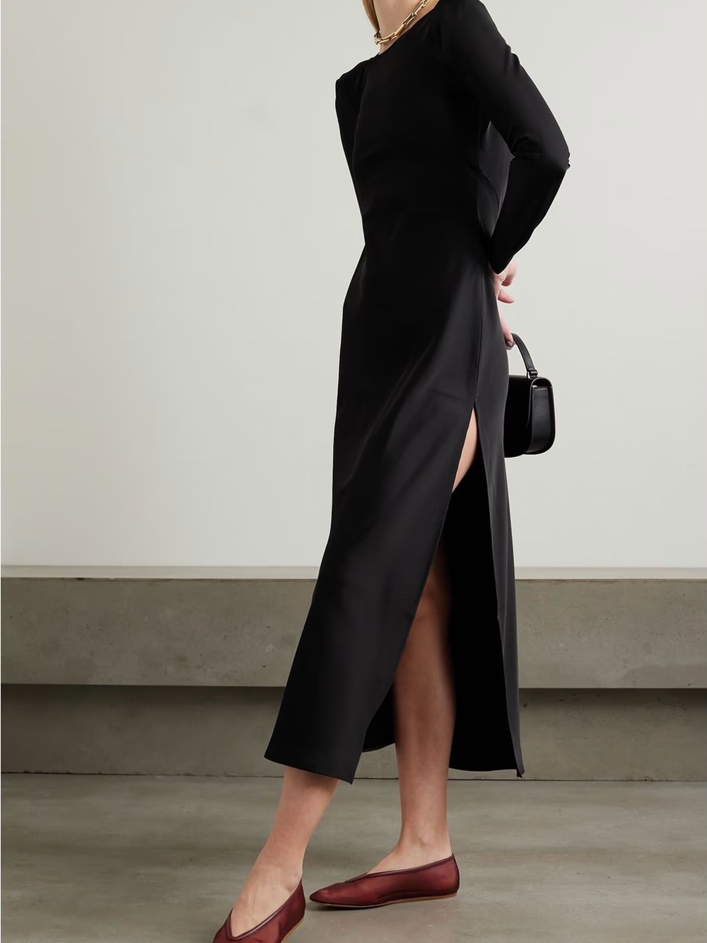 Le Set Barb Satin Black Long Sleeve Black Backless Midi Dress Small